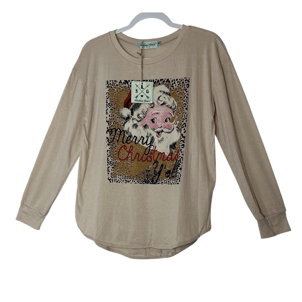 Southern Grace Christmas Top Women's‎ Small Holiday Santa Bright Stretch New